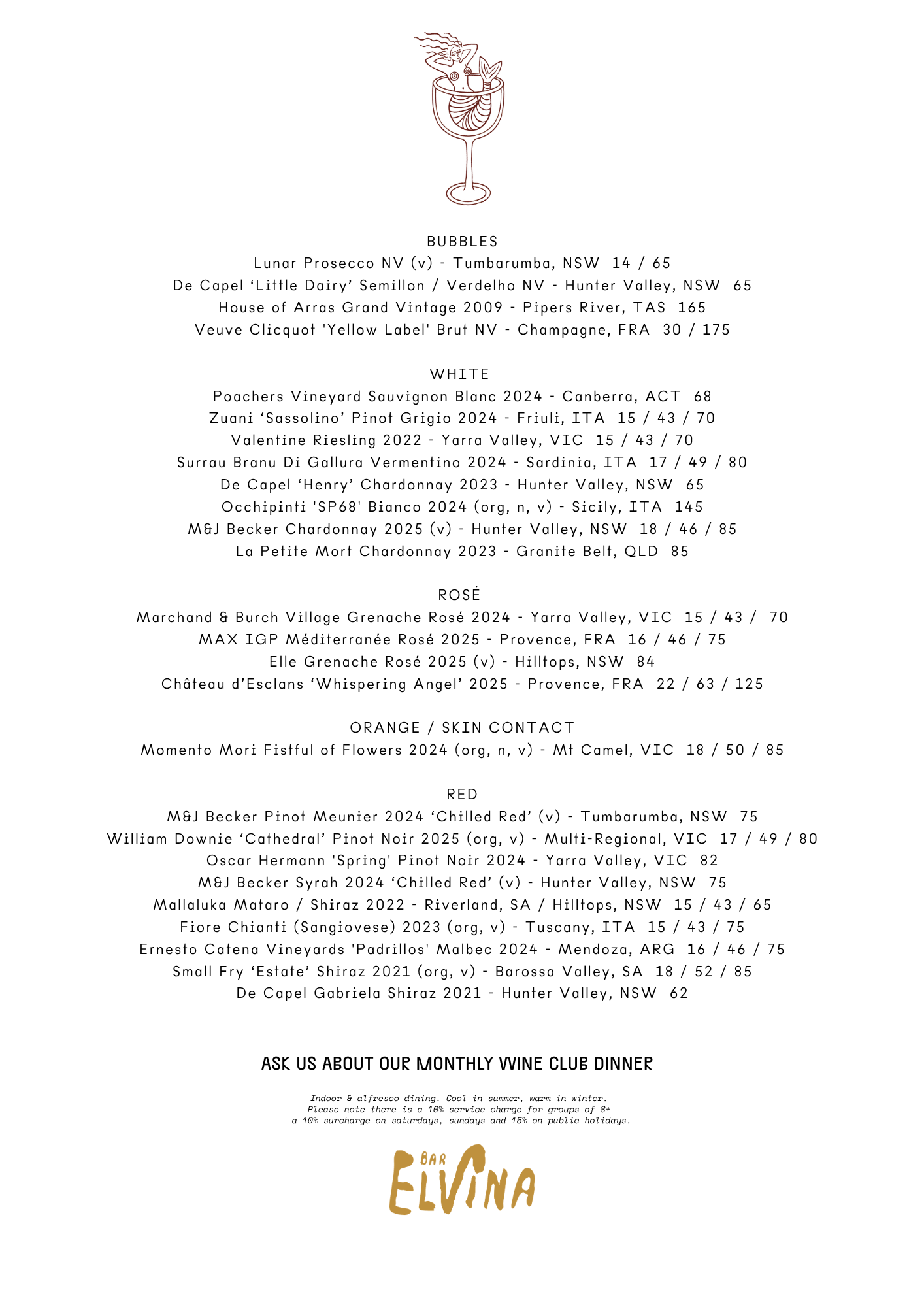 Wine List menu